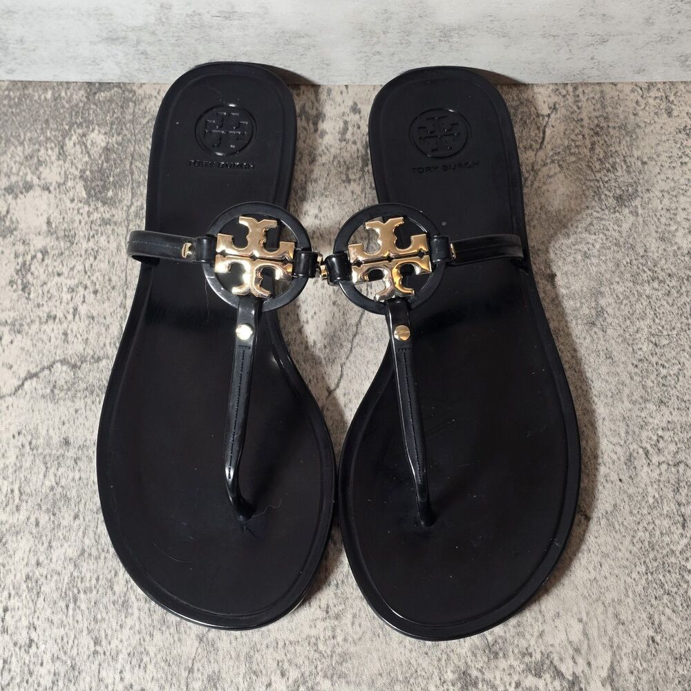 Tory Burch Mini Miller Women’s Flat Thong Jelly Sandals Black Gold, US Sz 8